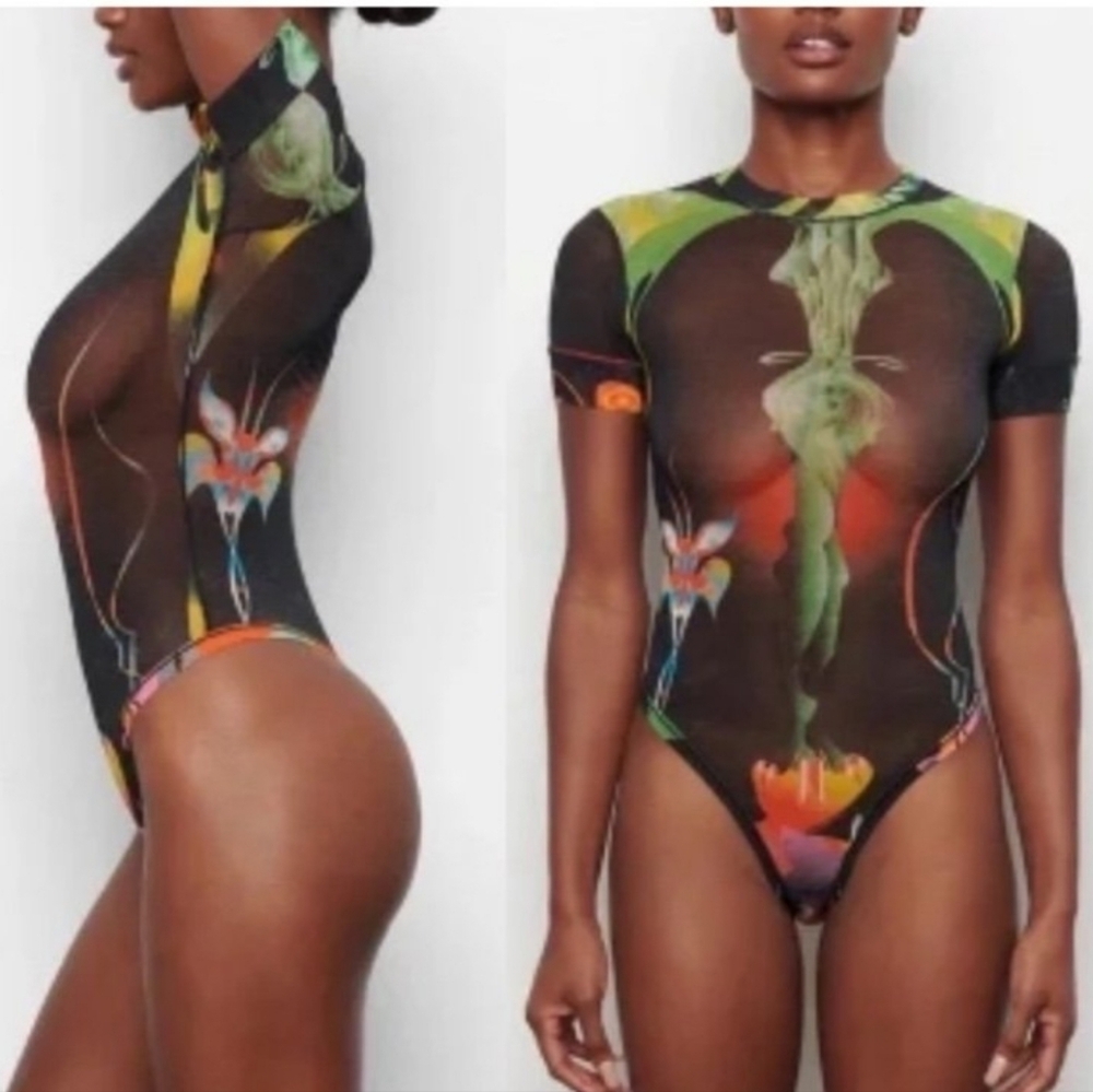 🩱💚🪭✨️SKIMS Summer Mesh Sheer Graphic Floral High-Cut Bodysuit XS BNWT🏷